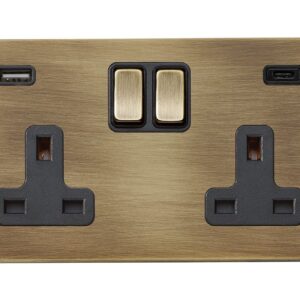 2 gang 13A Double Pole Switched Socket with 1 USB Outlet + 1 USB Type C Outlet 2x2.4A (4.8A Total)