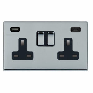 2 gang 13A Double Pole Switched Socket with 1 USB Outlet + 1 USB Type C Outlet 2x2.4A (4.8A Total)