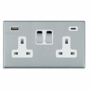 2 gang 13A Double Pole Switched Socket with 1 USB Outlet + 1 USB Type C Outlet 2x2.4A (4.8A Total)